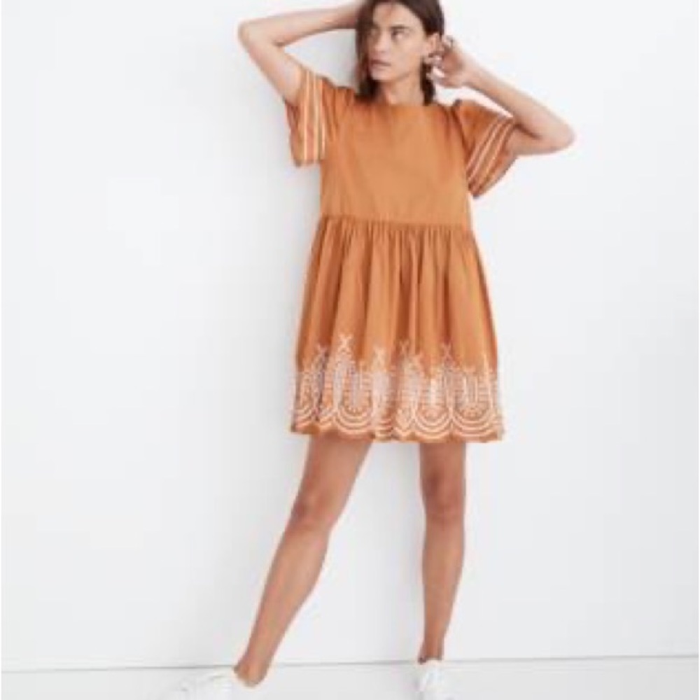 Madewell Embroidered Eyelet Puff-Sleeve Mini Dress rare orange bohemian charming